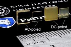 Transparent crystal of piezoelectric material comparing crystals that were treated with AC or DC electric fields