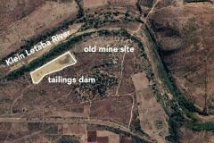 Satellite image of gold mine tailings dam (outlined in white) next to the Klein Letaba River in the Limpopo Province